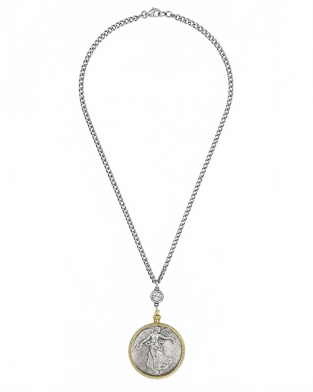 NEW BELLE VIA women's reversible winged victory medallion necklace in silver